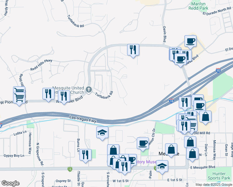 map of restaurants, bars, coffee shops, grocery stores, and more near 260 Haley Way in Mesquite