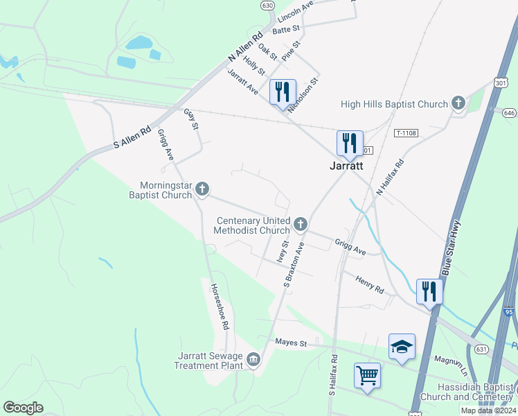 map of restaurants, bars, coffee shops, grocery stores, and more near 220 Grigg Avenue in Jarratt