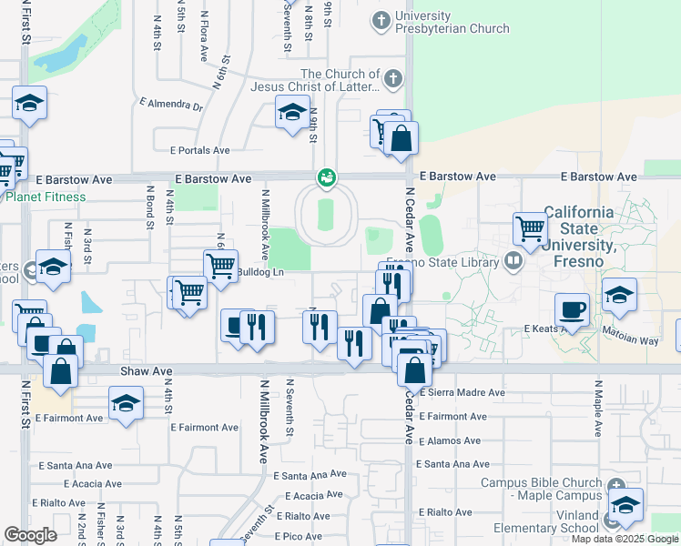 map of restaurants, bars, coffee shops, grocery stores, and more near 1635 East Bulldog Lane in Fresno