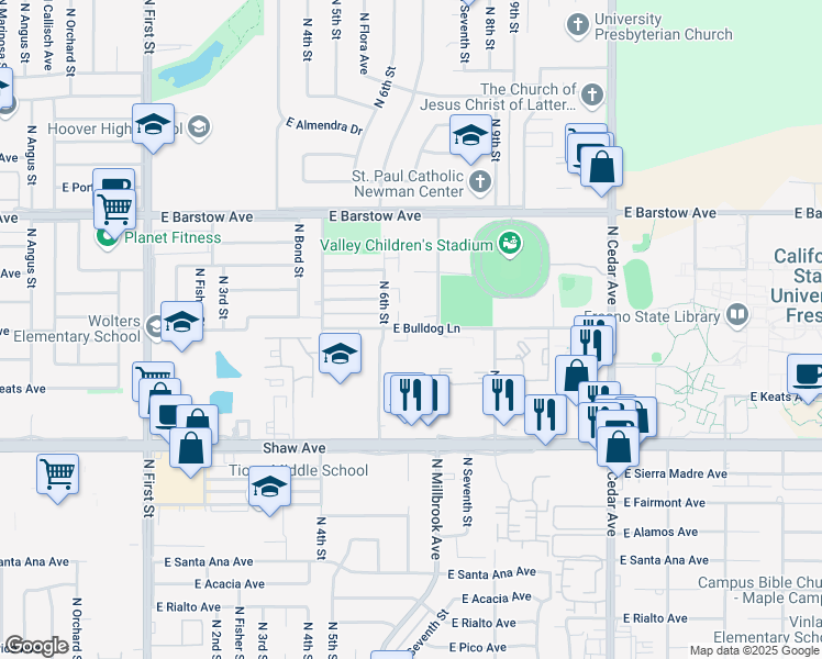 map of restaurants, bars, coffee shops, grocery stores, and more near 5150 North 6th Street in Fresno