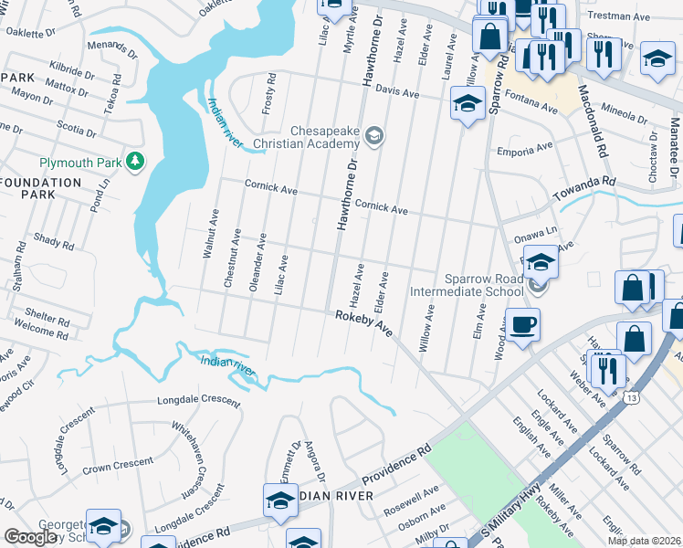 map of restaurants, bars, coffee shops, grocery stores, and more near 1520 Hawthorne Drive in Chesapeake