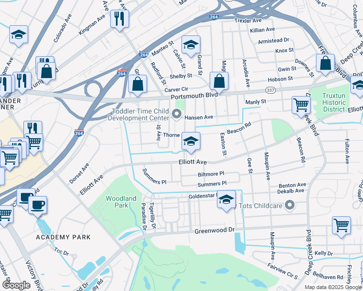 map of restaurants, bars, coffee shops, grocery stores, and more near 3310 Elliott Avenue in Portsmouth