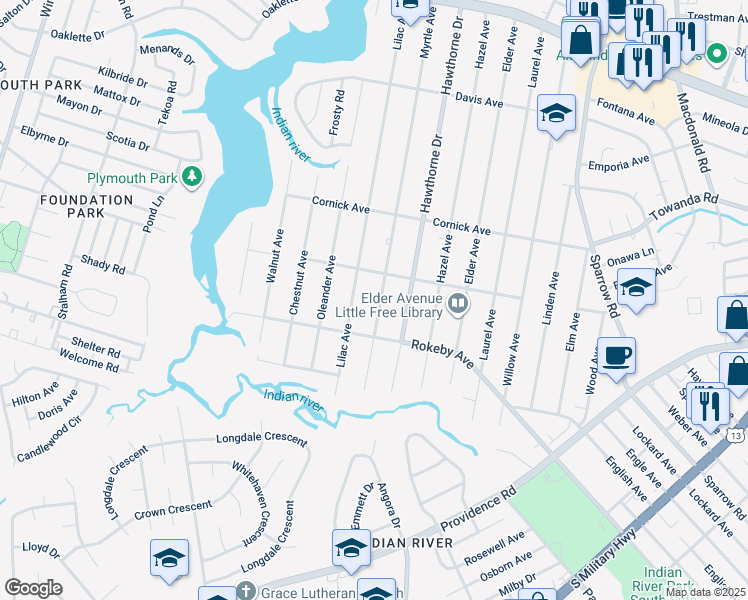 map of restaurants, bars, coffee shops, grocery stores, and more near 1511 Myrtle Avenue in Chesapeake