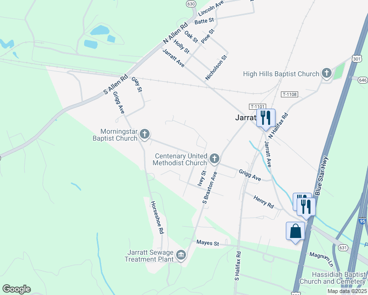map of restaurants, bars, coffee shops, grocery stores, and more near 220 Grigg Avenue in Jarratt