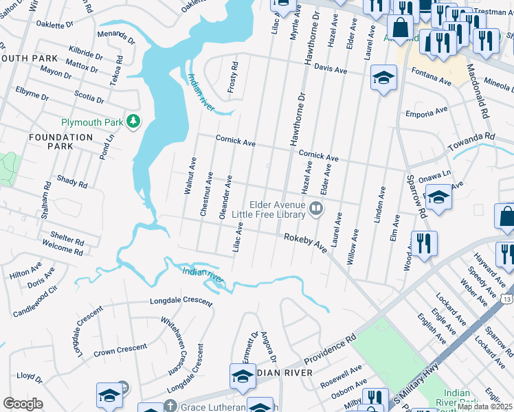 map of restaurants, bars, coffee shops, grocery stores, and more near 1511 Myrtle Avenue in Chesapeake