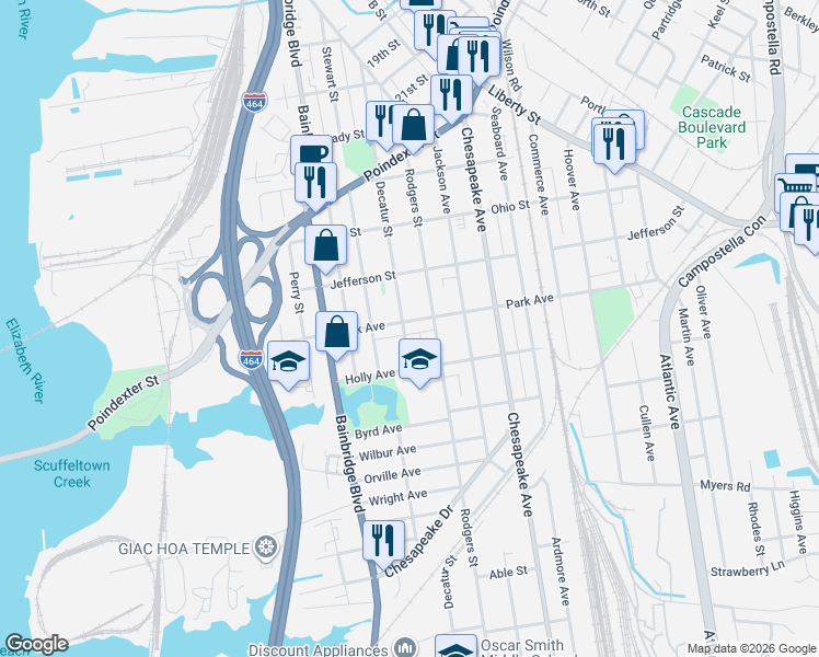 map of restaurants, bars, coffee shops, grocery stores, and more near 1430 Decatur Street in Chesapeake