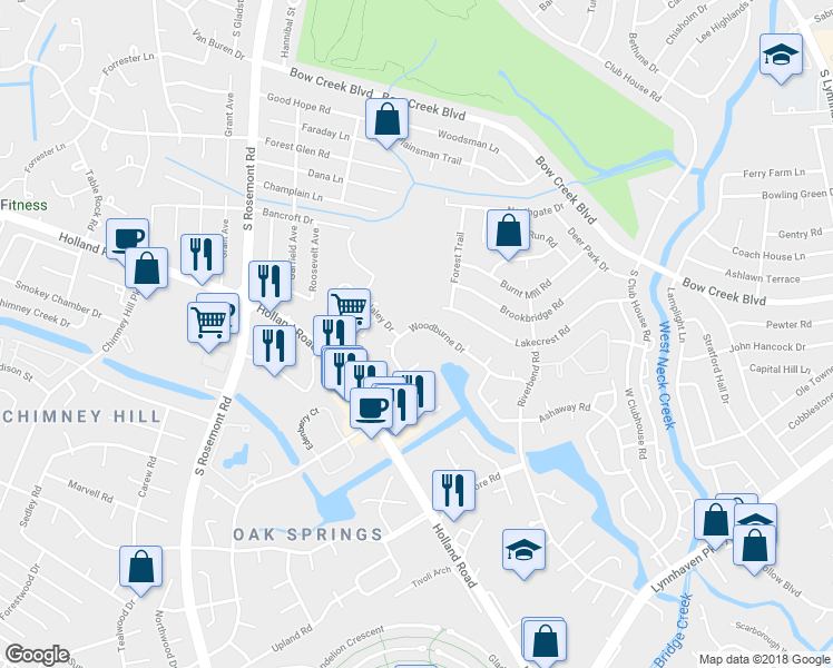 map of restaurants, bars, coffee shops, grocery stores, and more near 3401 Woodburne Drive in Virginia Beach