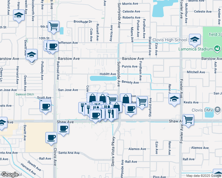map of restaurants, bars, coffee shops, grocery stores, and more near 1332 Scott Avenue in Clovis