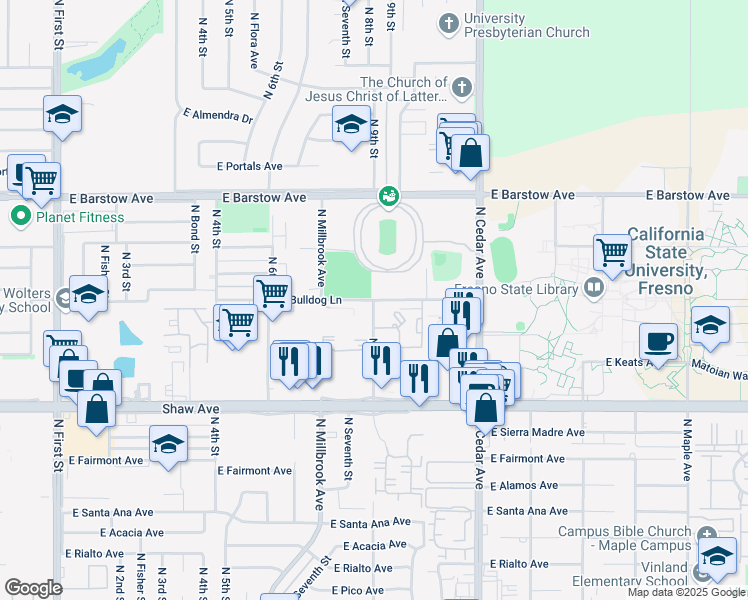 map of restaurants, bars, coffee shops, grocery stores, and more near North 9th Street & Bulldog Lane in Fresno