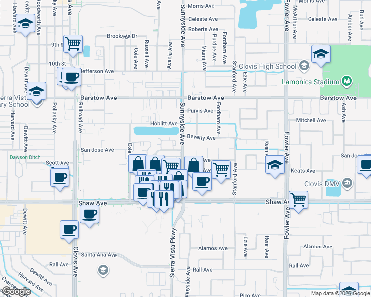 map of restaurants, bars, coffee shops, grocery stores, and more near 1416 Scott Avenue in Clovis