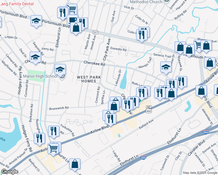 map of restaurants, bars, coffee shops, grocery stores, and more near 411 Bertha Lane in Portsmouth