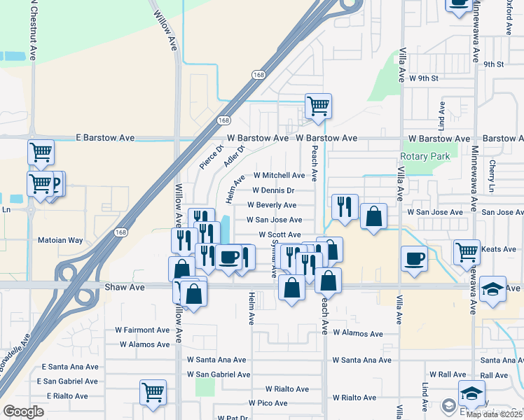 map of restaurants, bars, coffee shops, grocery stores, and more near 578 West Beverly Avenue in Clovis