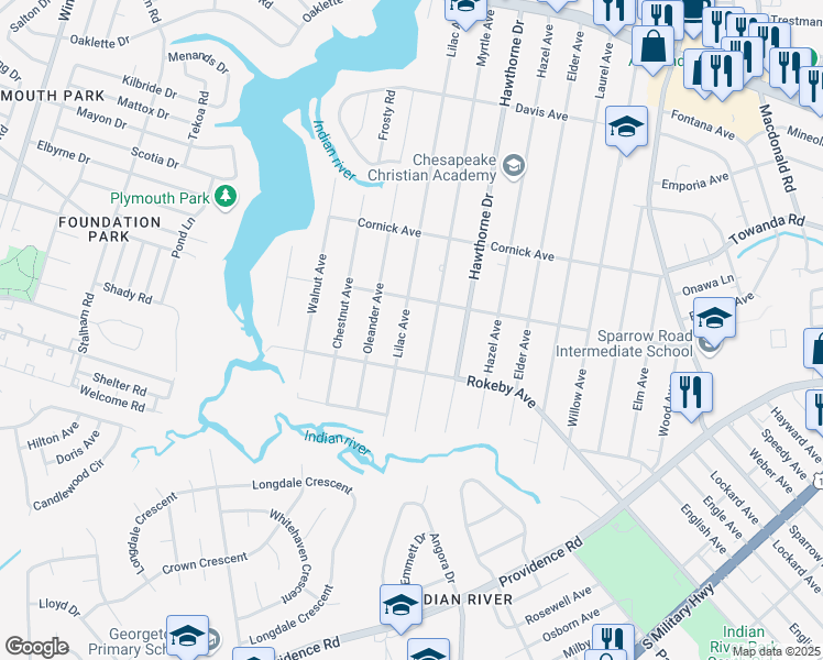 map of restaurants, bars, coffee shops, grocery stores, and more near 1512 Lilac Avenue in Chesapeake