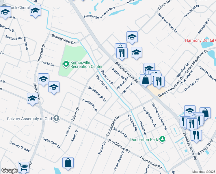 map of restaurants, bars, coffee shops, grocery stores, and more near 4722 Post Oak Drive in Virginia Beach