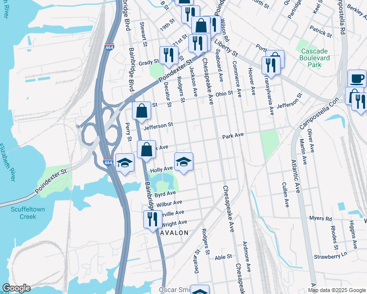 map of restaurants, bars, coffee shops, grocery stores, and more near 1110 Park Avenue in Chesapeake