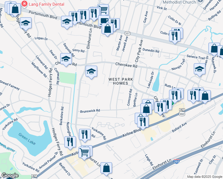 map of restaurants, bars, coffee shops, grocery stores, and more near 1206 Jewell Avenue in Portsmouth