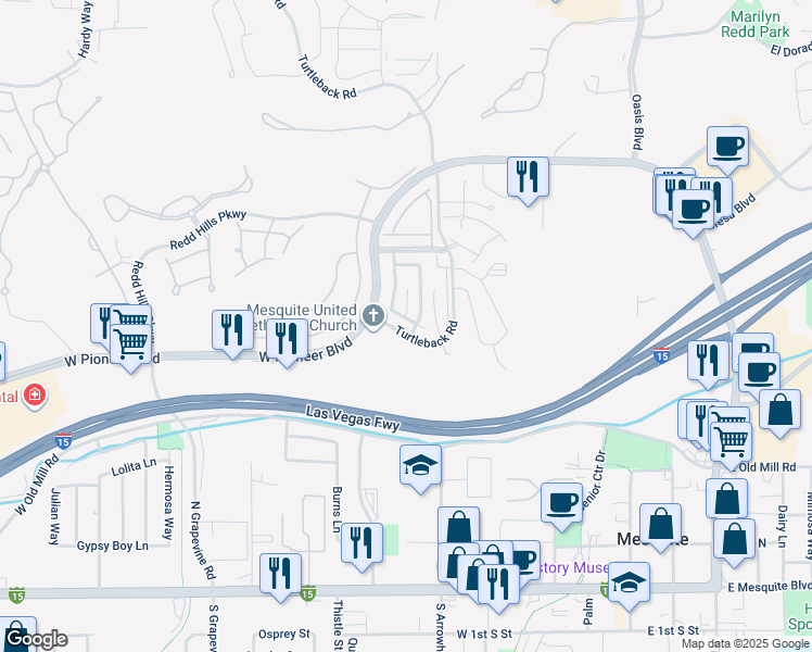 map of restaurants, bars, coffee shops, grocery stores, and more near 433 Canyon Drive in Mesquite