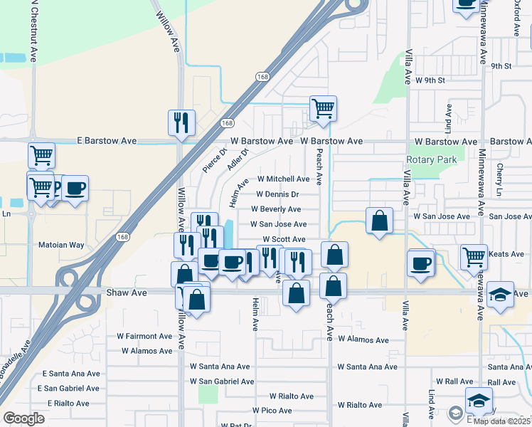 map of restaurants, bars, coffee shops, grocery stores, and more near 578 West Beverly Avenue in Clovis