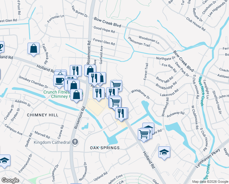 map of restaurants, bars, coffee shops, grocery stores, and more near 3450 Waltham Circle in Virginia Beach
