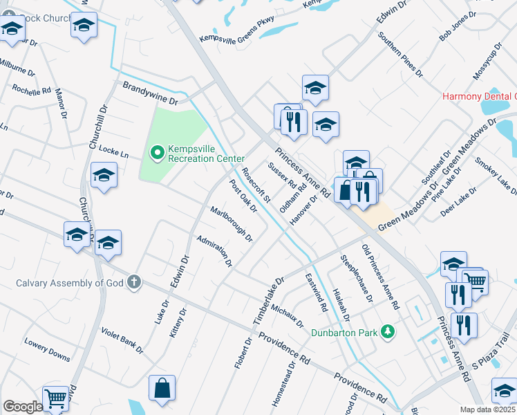 map of restaurants, bars, coffee shops, grocery stores, and more near 4722 Post Oak Drive in Virginia Beach