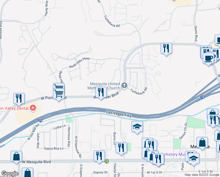 map of restaurants, bars, coffee shops, grocery stores, and more near 523 Fairways Drive in Mesquite
