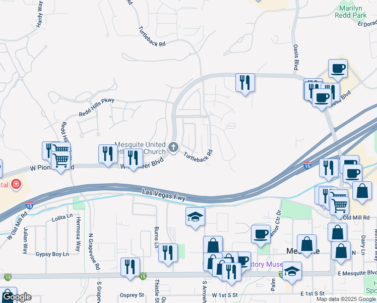 map of restaurants, bars, coffee shops, grocery stores, and more near 433 Canyon Drive in Mesquite