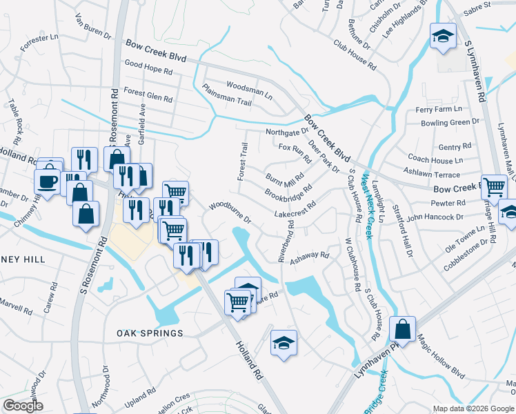 map of restaurants, bars, coffee shops, grocery stores, and more near 3329 Brookbridge Road in Virginia Beach