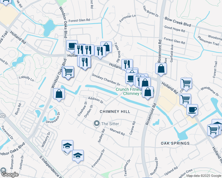 map of restaurants, bars, coffee shops, grocery stores, and more near 3845 Chimney Creek Drive in Virginia Beach