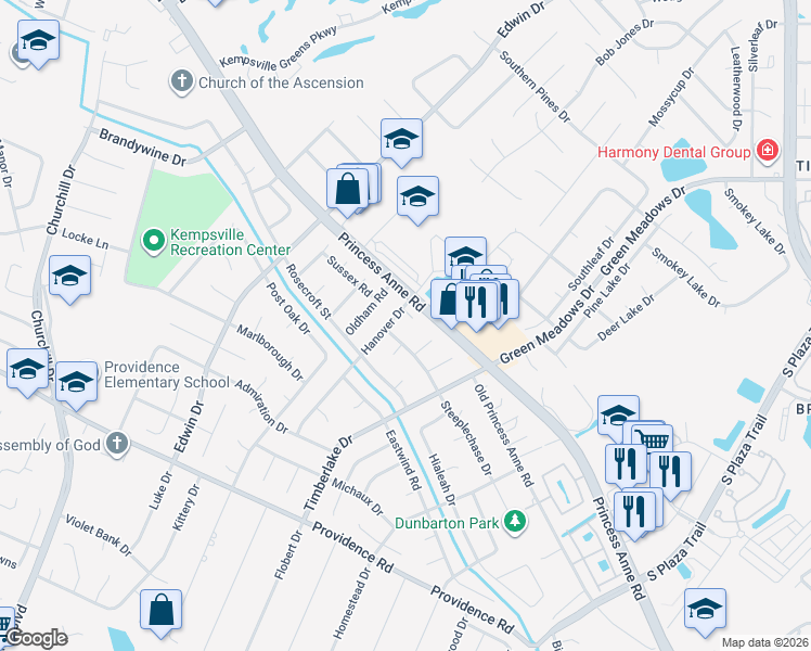 map of restaurants, bars, coffee shops, grocery stores, and more near 4694 Hanover Court in Virginia Beach