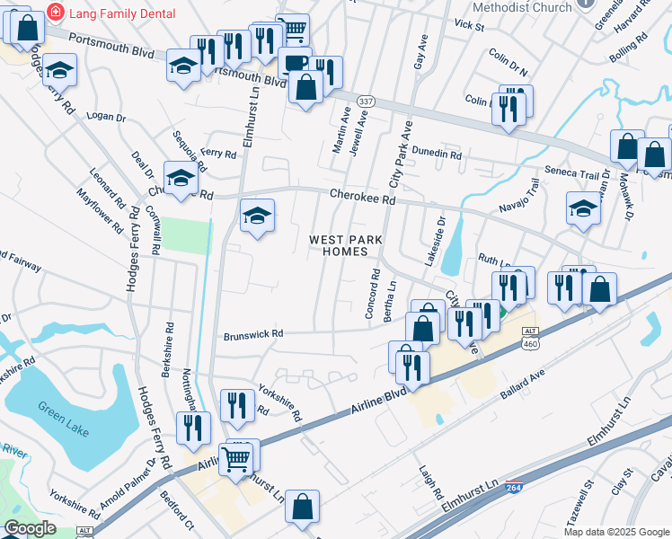 map of restaurants, bars, coffee shops, grocery stores, and more near 1201 Jewell Avenue in Portsmouth