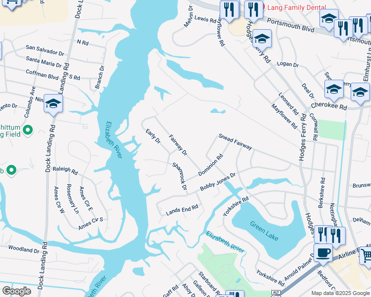 map of restaurants, bars, coffee shops, grocery stores, and more near 18 Fairway Drive in Portsmouth
