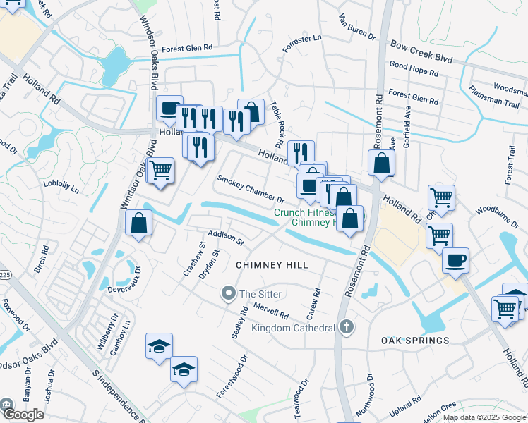 map of restaurants, bars, coffee shops, grocery stores, and more near 3864 Chimney Creek Drive in Virginia Beach