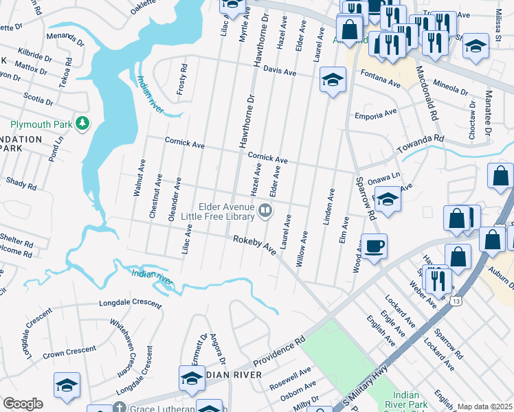 map of restaurants, bars, coffee shops, grocery stores, and more near 1506 Hazel Avenue in Chesapeake