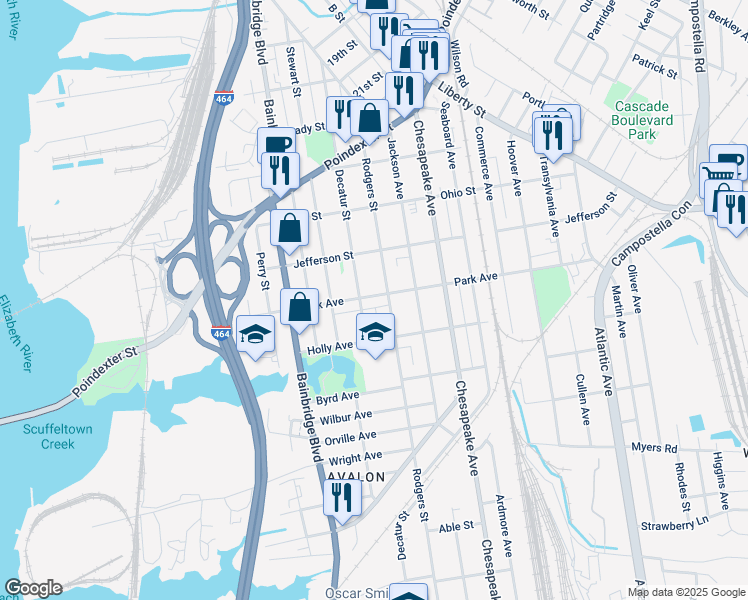 map of restaurants, bars, coffee shops, grocery stores, and more near 1110 Park Avenue in Chesapeake