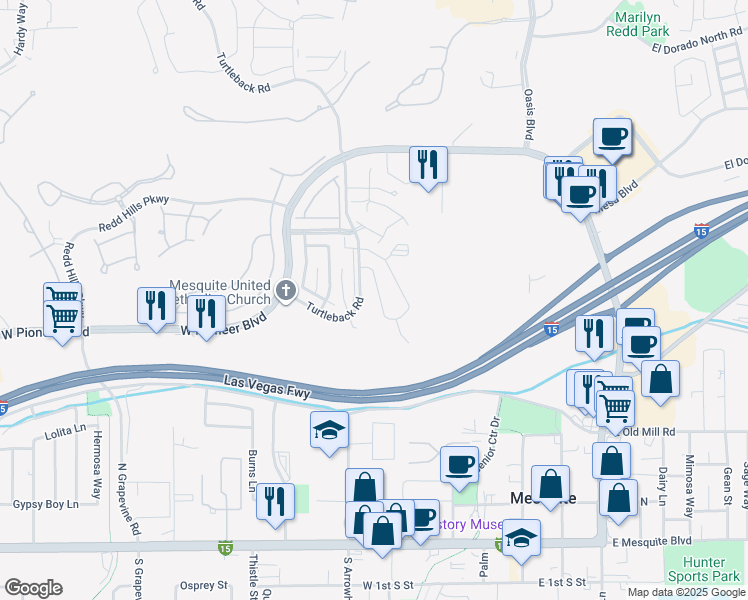 map of restaurants, bars, coffee shops, grocery stores, and more near 441 Turtleback Road in Mesquite