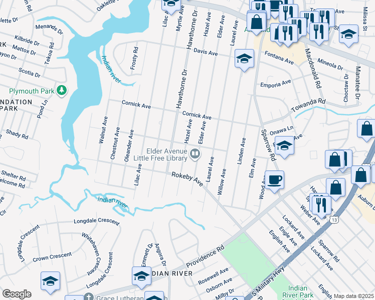 map of restaurants, bars, coffee shops, grocery stores, and more near 1506 Hazel Avenue in Chesapeake