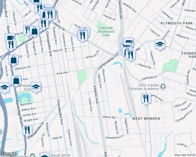 map of restaurants, bars, coffee shops, grocery stores, and more near 1407 Martin Avenue in Chesapeake