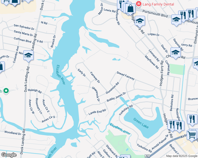 map of restaurants, bars, coffee shops, grocery stores, and more near 18 Fairway Drive in Portsmouth