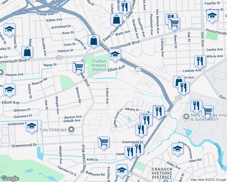 map of restaurants, bars, coffee shops, grocery stores, and more near 208 Edison Avenue in Portsmouth