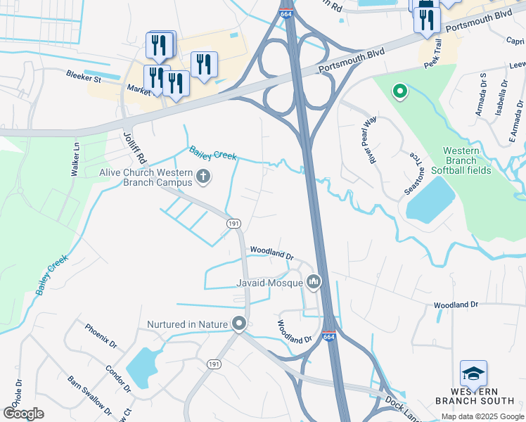 map of restaurants, bars, coffee shops, grocery stores, and more near 4616 Jaye Circle in Chesapeake