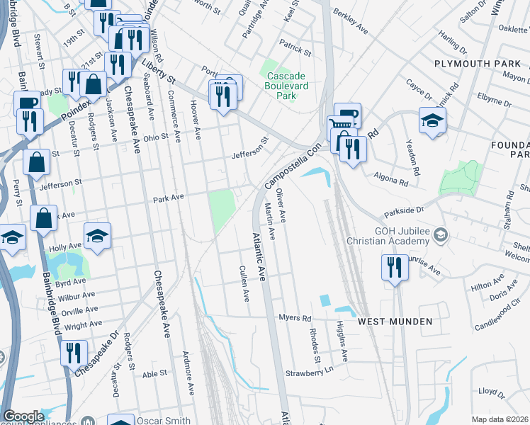 map of restaurants, bars, coffee shops, grocery stores, and more near 1407 Martin Avenue in Chesapeake