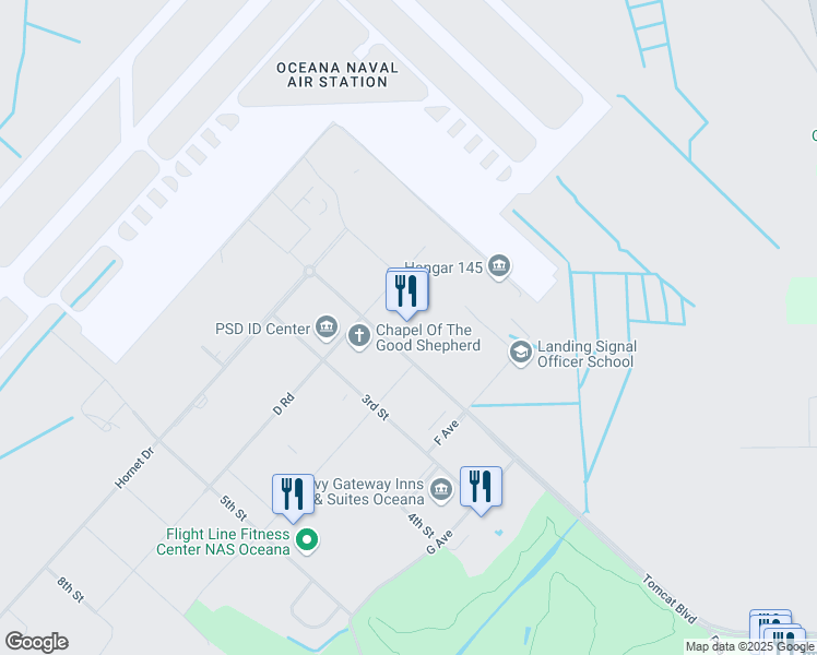 map of restaurants, bars, coffee shops, grocery stores, and more near 1750 Tomcat Boulevard in Virginia Beach
