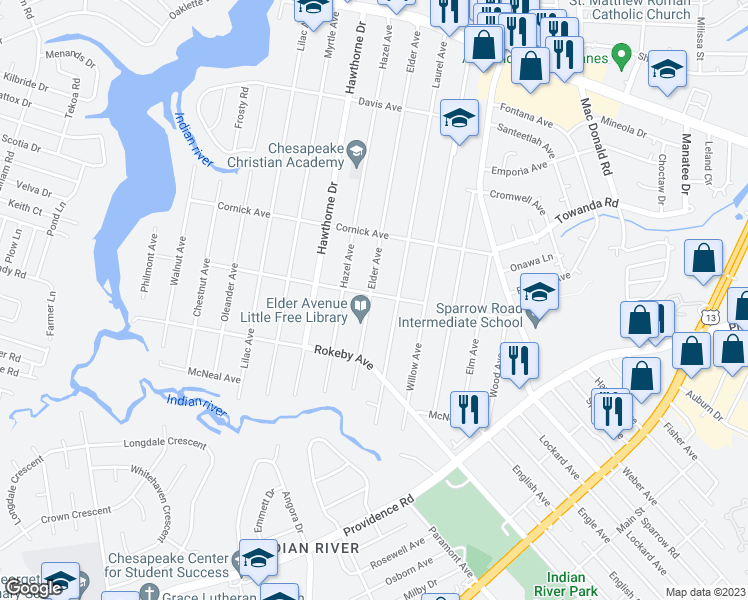 map of restaurants, bars, coffee shops, grocery stores, and more near 1500 Elder Avenue in Chesapeake