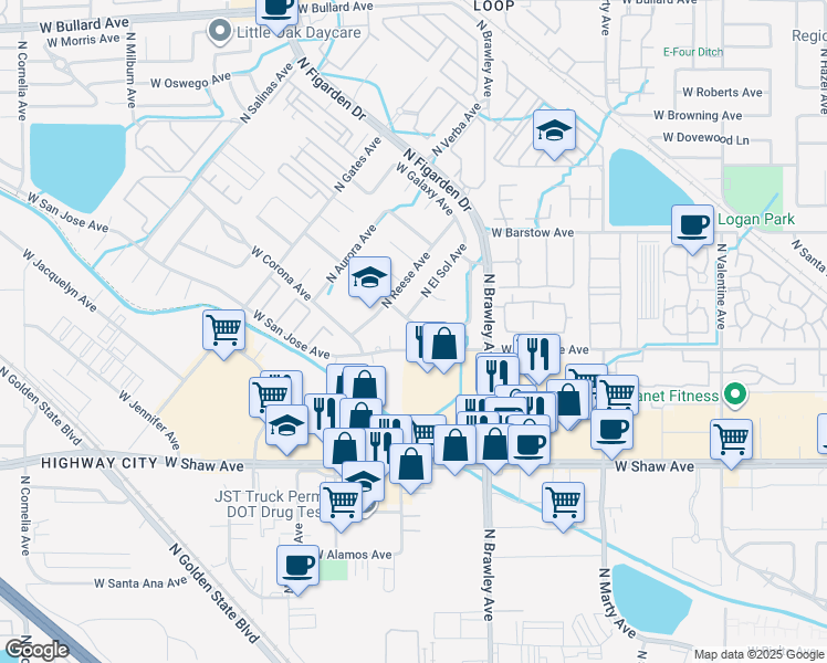 map of restaurants, bars, coffee shops, grocery stores, and more near 5278 North El Sol Avenue in Fresno