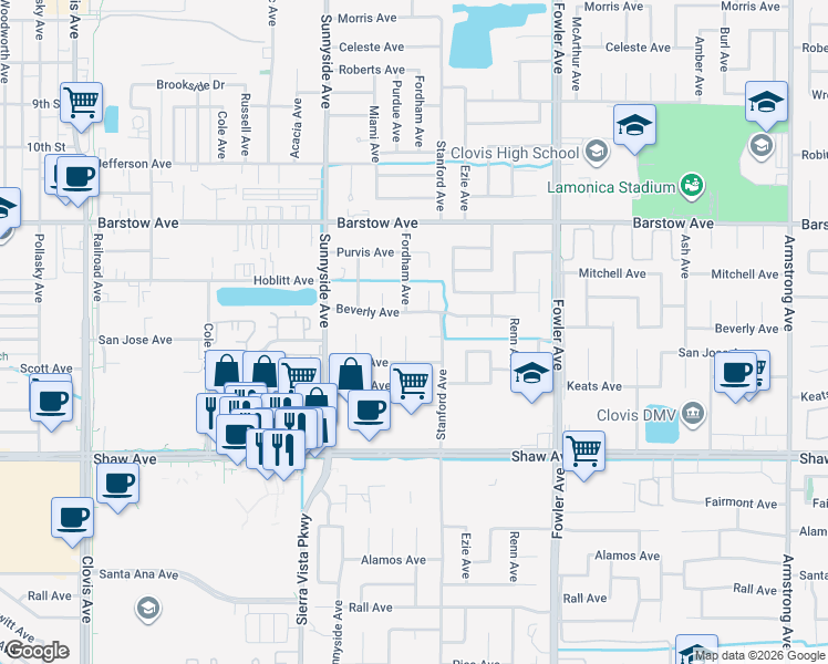 map of restaurants, bars, coffee shops, grocery stores, and more near 1605 Scott Place in Clovis
