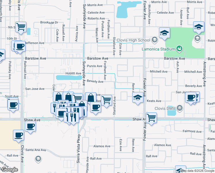 map of restaurants, bars, coffee shops, grocery stores, and more near 1605 Scott Place in Clovis