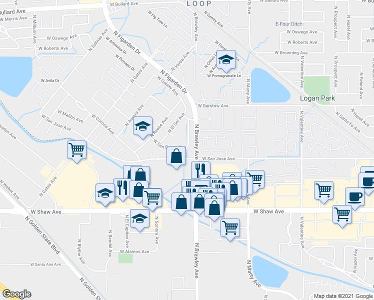 map of restaurants, bars, coffee shops, grocery stores, and more near 4031 West San Bruno Avenue in Fresno