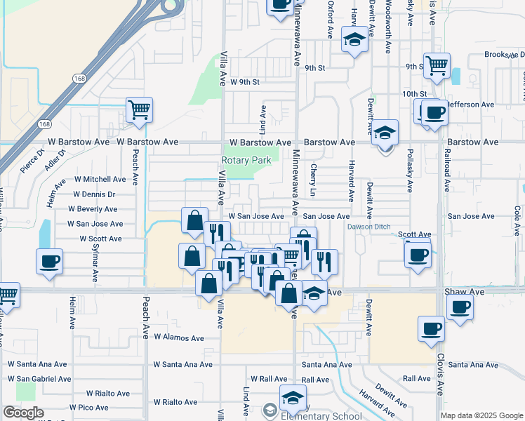 map of restaurants, bars, coffee shops, grocery stores, and more near 60 West Beverly Avenue in Clovis