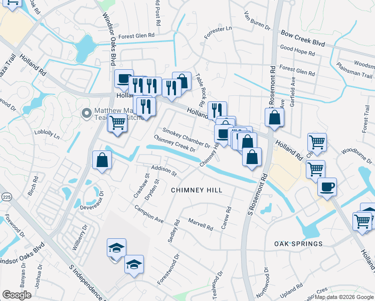 map of restaurants, bars, coffee shops, grocery stores, and more near 3845 Chimney Creek Drive in Virginia Beach