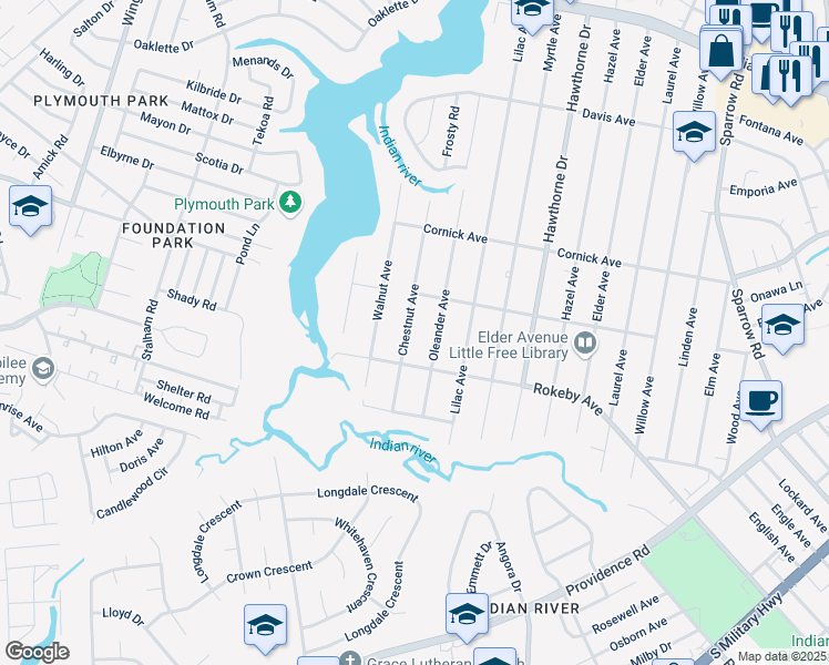 map of restaurants, bars, coffee shops, grocery stores, and more near 1504 Chestnut Avenue in Chesapeake